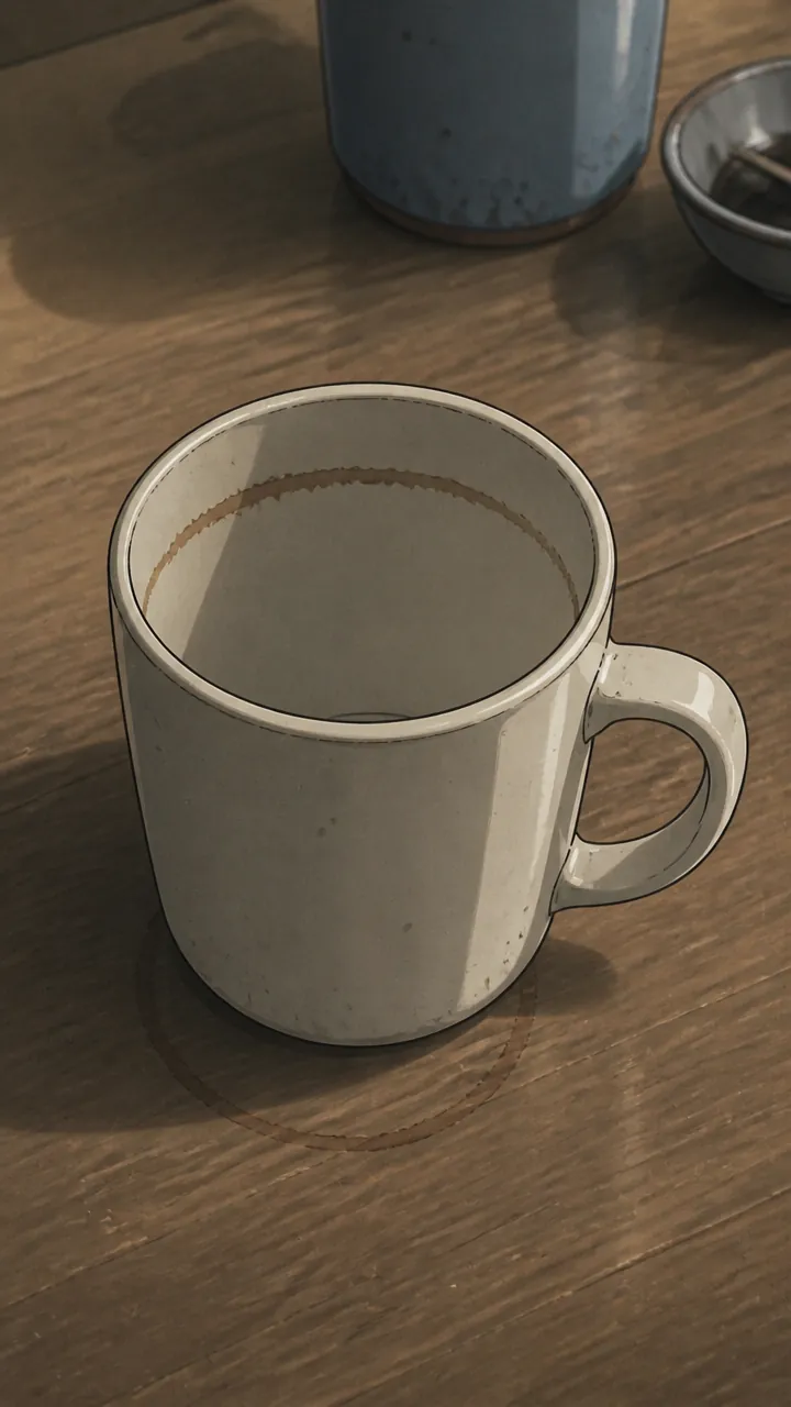 桌上的咖啡杯，表面沒有熱氣，杯緣有一圈乾掉的痕跡
