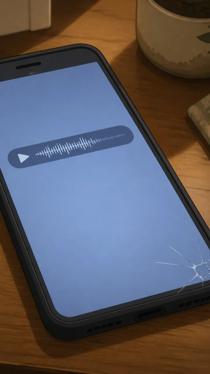 手機螢幕上是一則語音訊息，螢幕角落有一道小裂痕